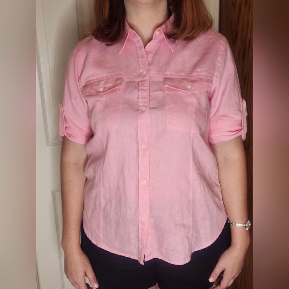 American Living L Pink 100% LINEN Roll Tab Sleeve Pockets Buttons Up Women Shirt